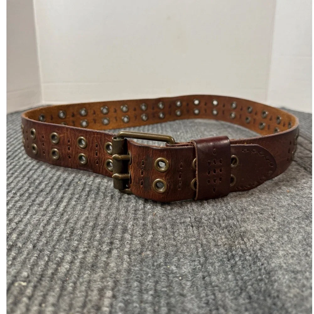Vintage Distressed Brown Leather Grommet Belt Triple Prong Brass Buckle 40 Inch